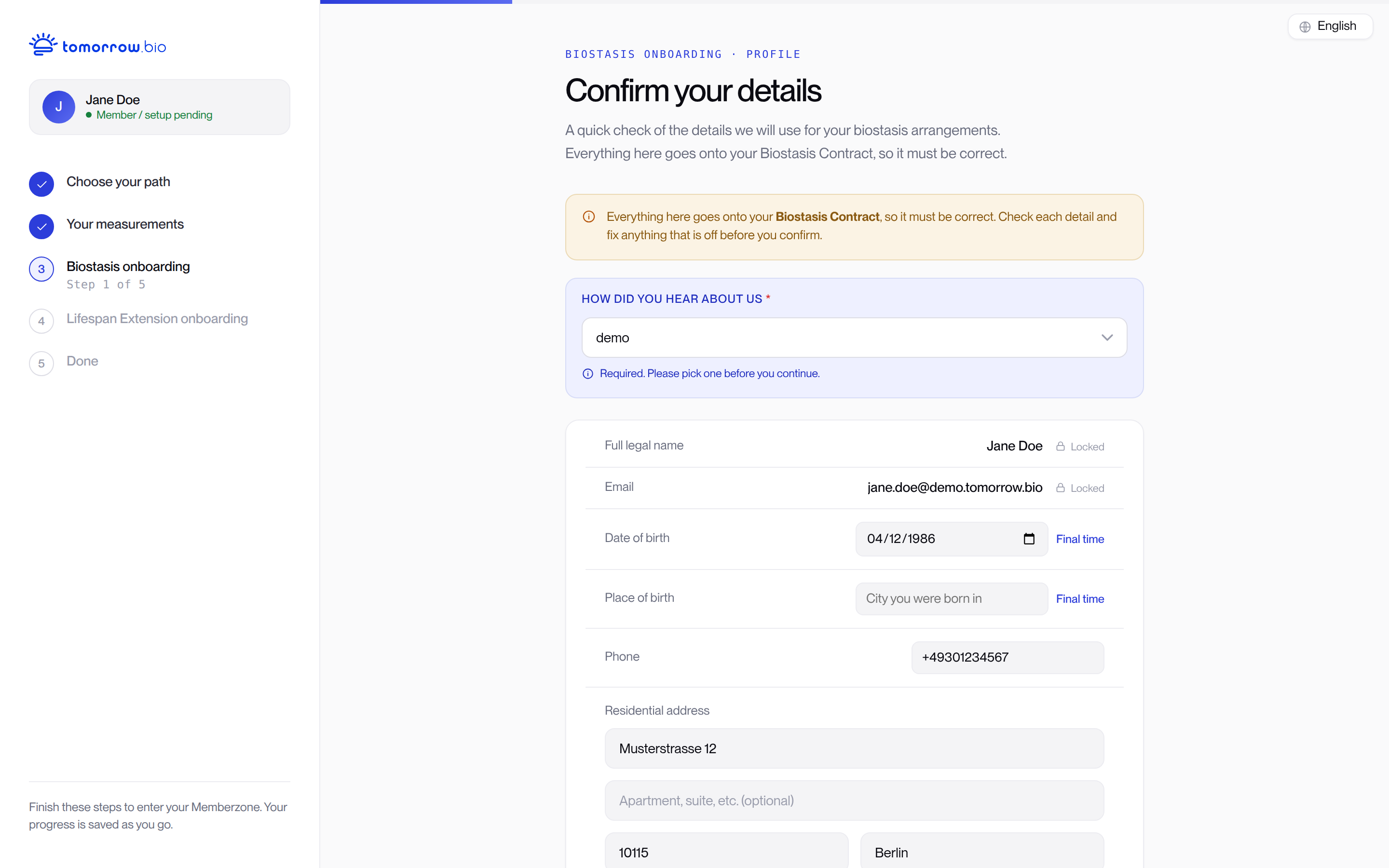 Memberzone onboarding: confirm the details used in the Biostasis Contract