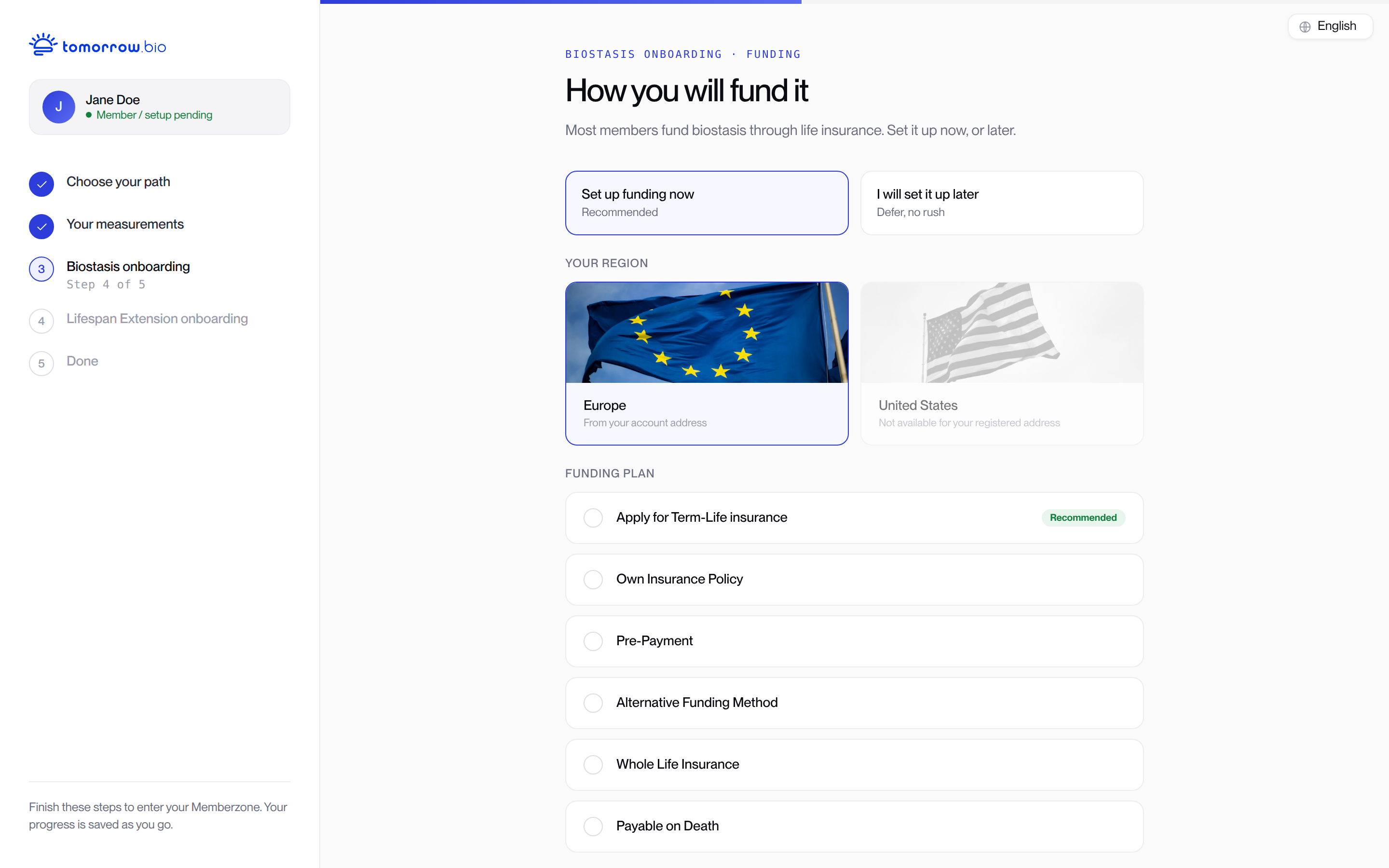 Memberzone onboarding: choose a cryopreservation funding method