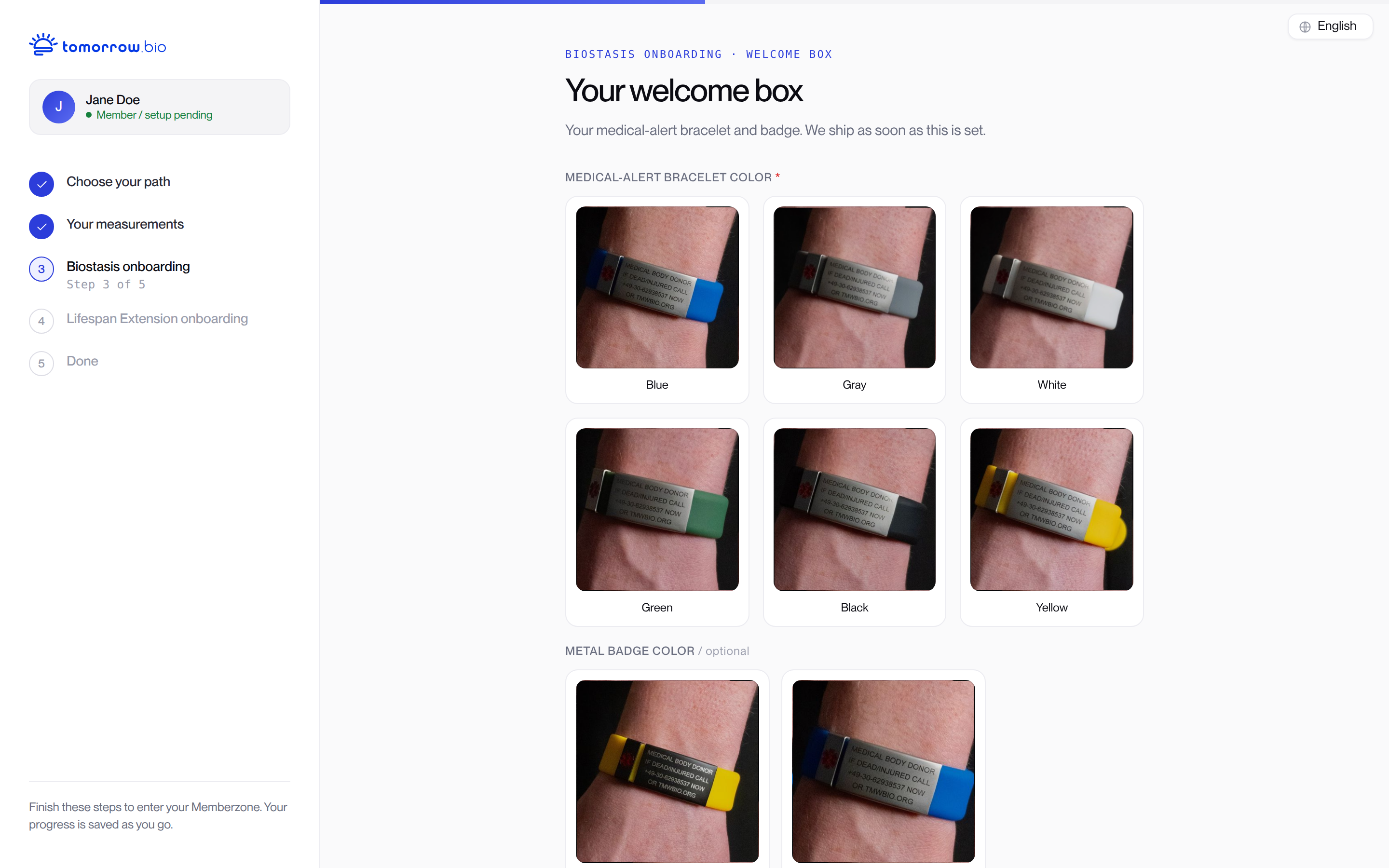 Memberzone onboarding: choose the medical alert bracelet and welcome box