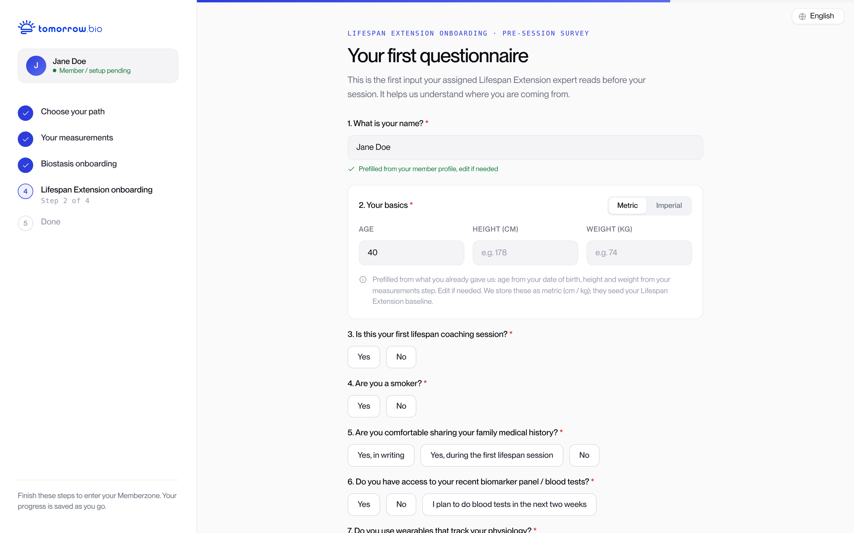 Memberzone onboarding: complete the Lifespan Extension questionnaire