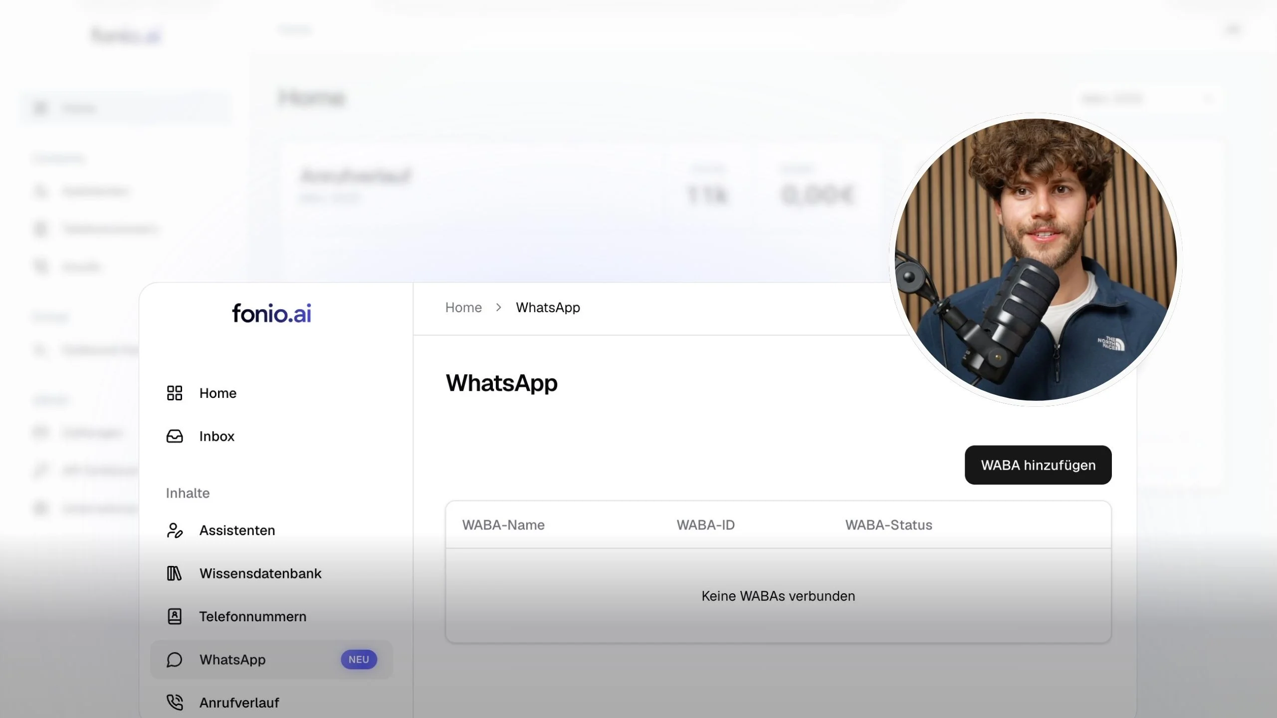 Benutzeroberfläche von fonio.ai zum Bearbeiten einer Telefonassistentin mit Einstellungen für Namen, Startnachricht, Stimme und Sprache auf Deutsch.