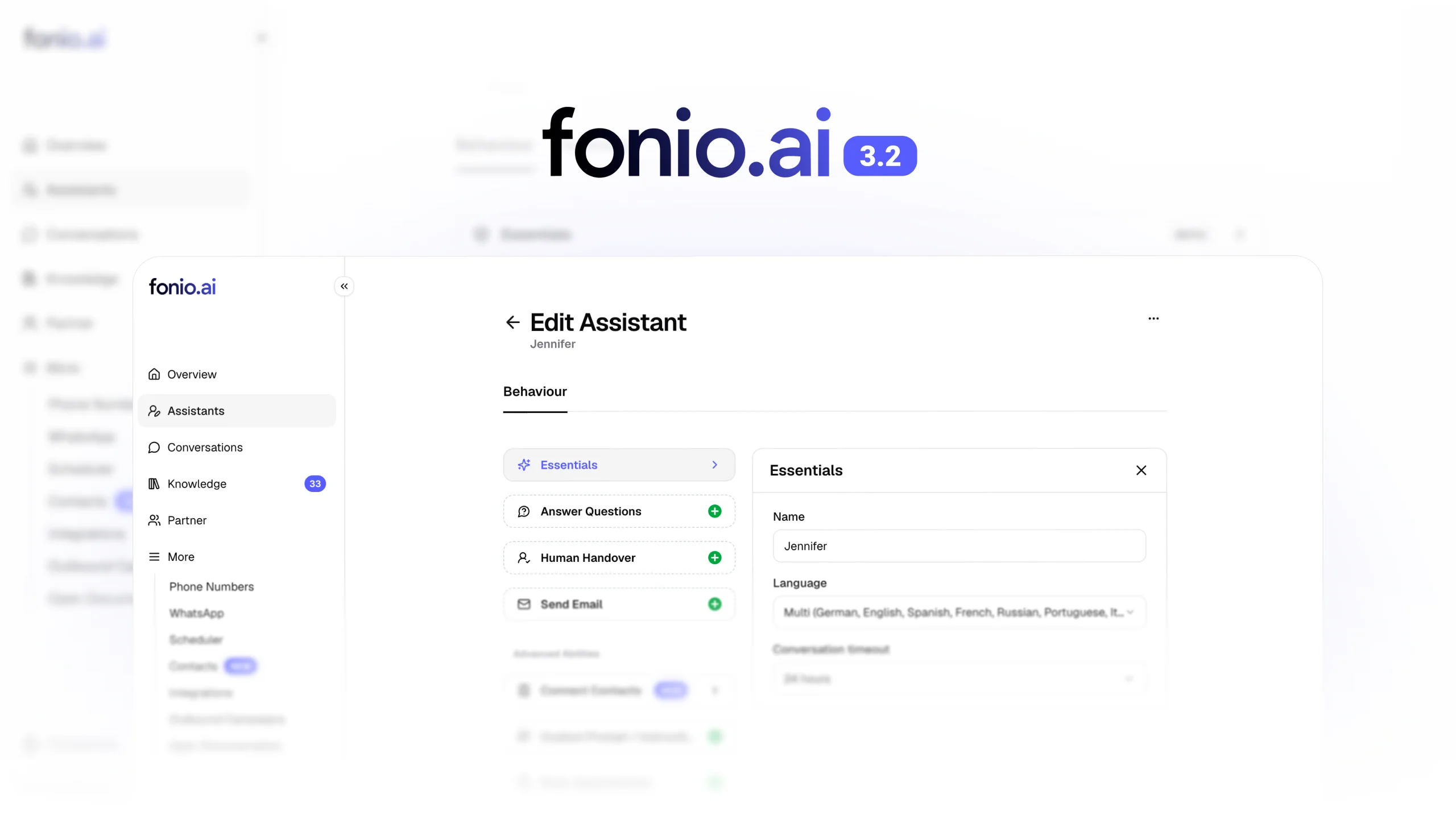 Benutzeroberfläche von fonio.ai zum Bearbeiten einer Telefonassistentin mit Einstellungen für Namen, Startnachricht, Stimme und Sprache auf Deutsch.