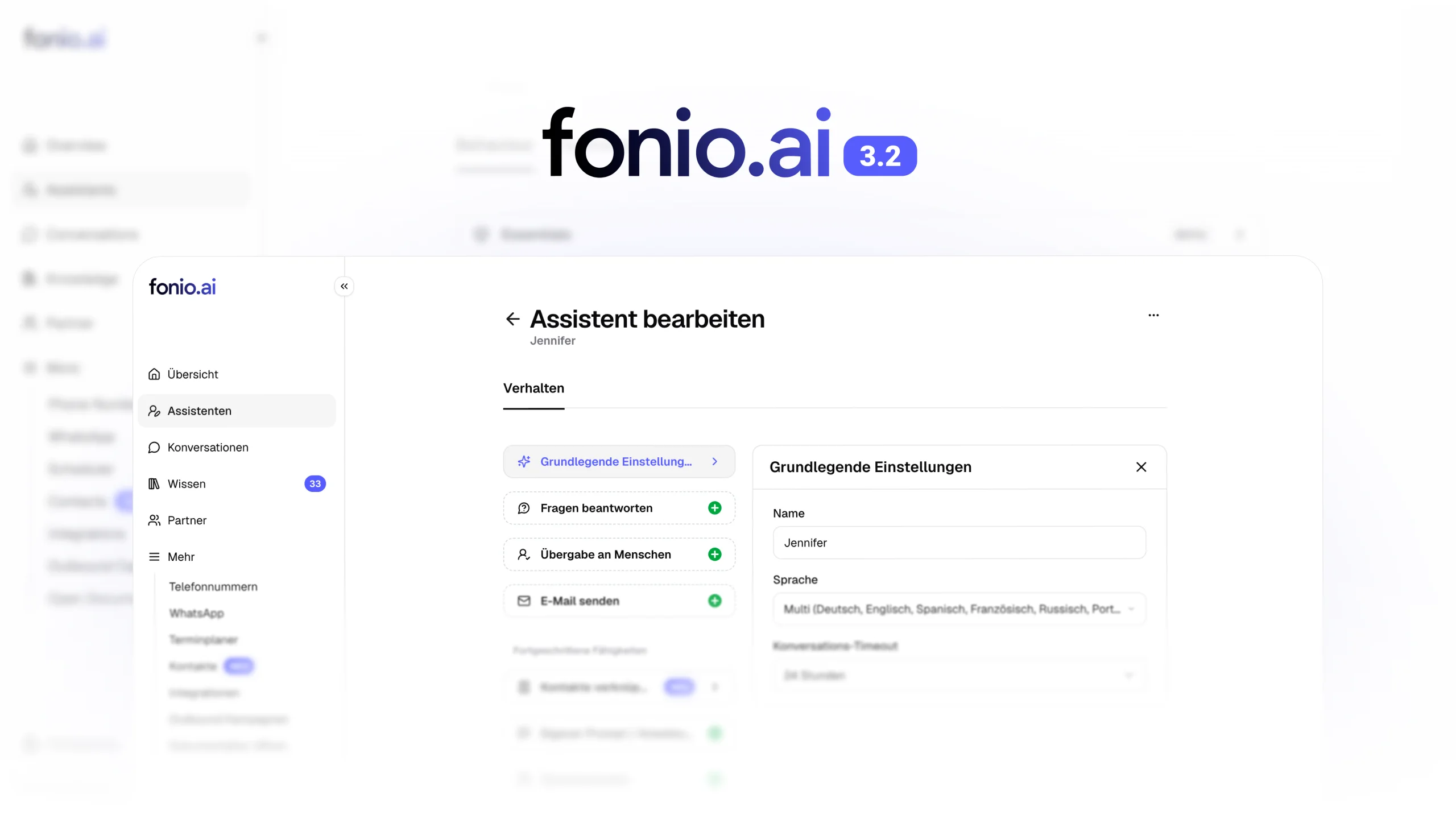 Benutzeroberfläche von fonio.ai zum Bearbeiten einer Telefonassistentin mit Einstellungen für Namen, Startnachricht, Stimme und Sprache auf Deutsch.