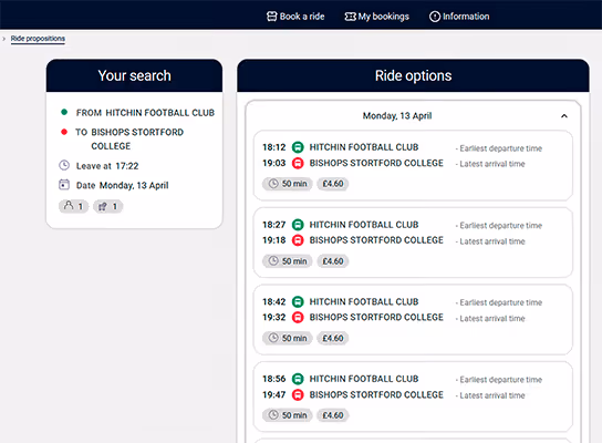 Options de trajet en bus de Hitchin Football Club à Bishops Stortford College avec heures de départ, durée de 50 minutes et tarif de 4,60 £ pour le lundi 13 avril.
