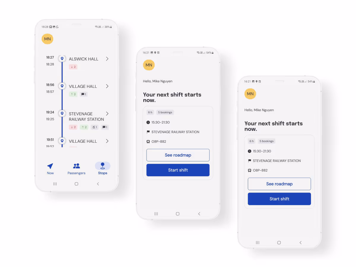 Trois écrans de smartphone montrant une application de planning et de navigation de trajet pour un chauffeur nommé Mike Nguyen.