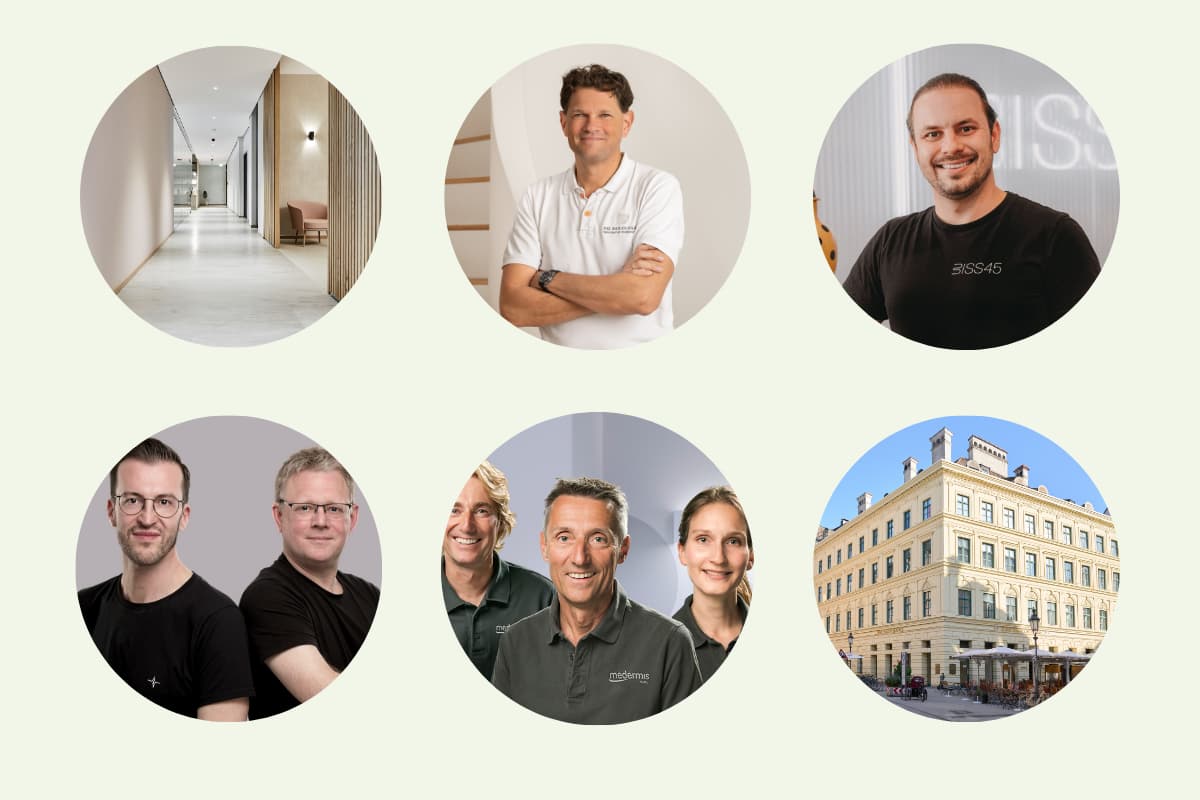 Graphic with six circular images representing different medical specialties: dentistry, radiology, orthodontics, neurology, dermatology, and orthopedics.