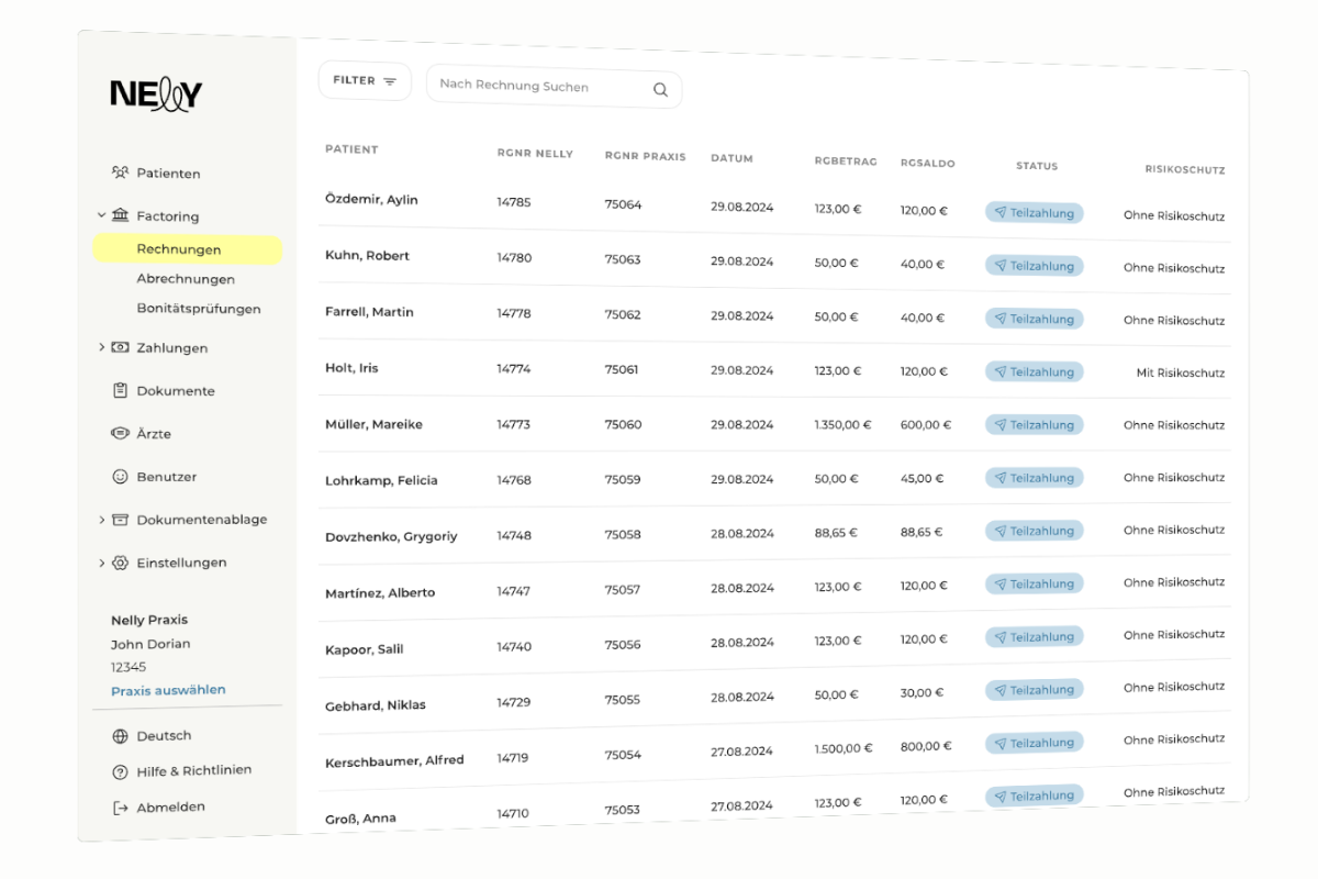 Übersicht der Rechnungen in einer Praxissoftware mit Patientenliste, Rechnungsnummern, Beträgen, Zahlungsstatus und Risikoschutz-Informationen.