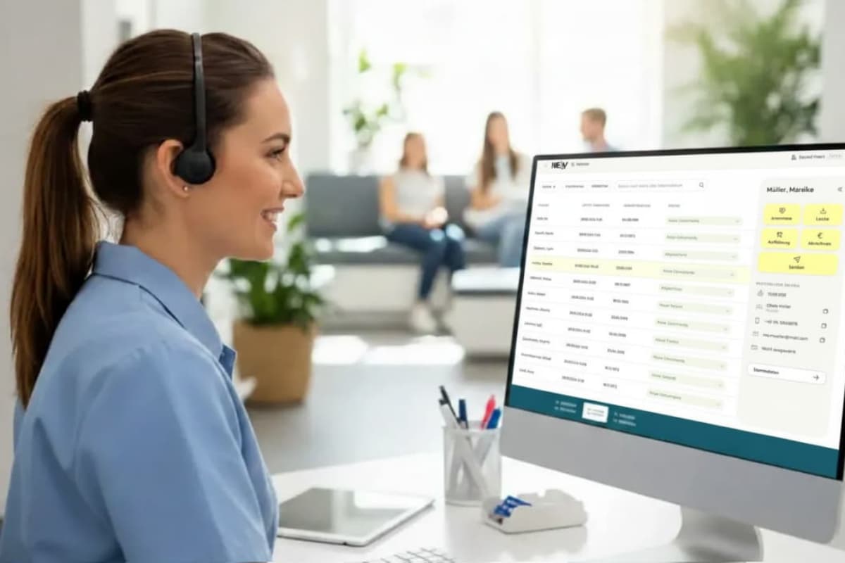 output:  Moderner Krankenhausflur mit Empfang und Pflanzen.