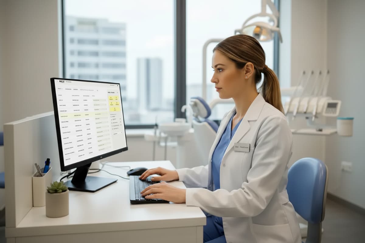 Dental practice staff member working at a computer, managing digital patient data in a modern dental clinic.
