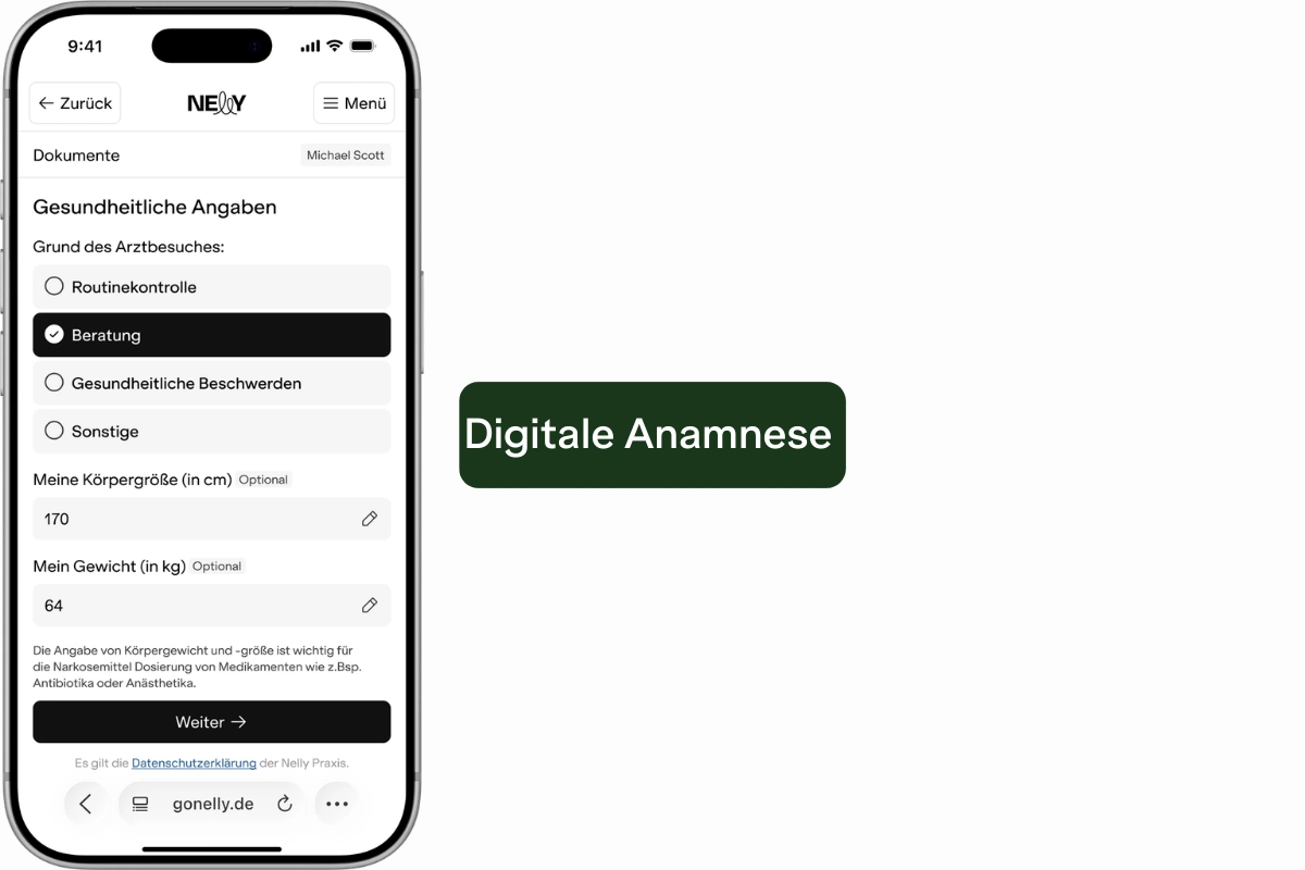 Nelly-Oberfläche zur digitalen Anamnese auf einem Smartphone.
