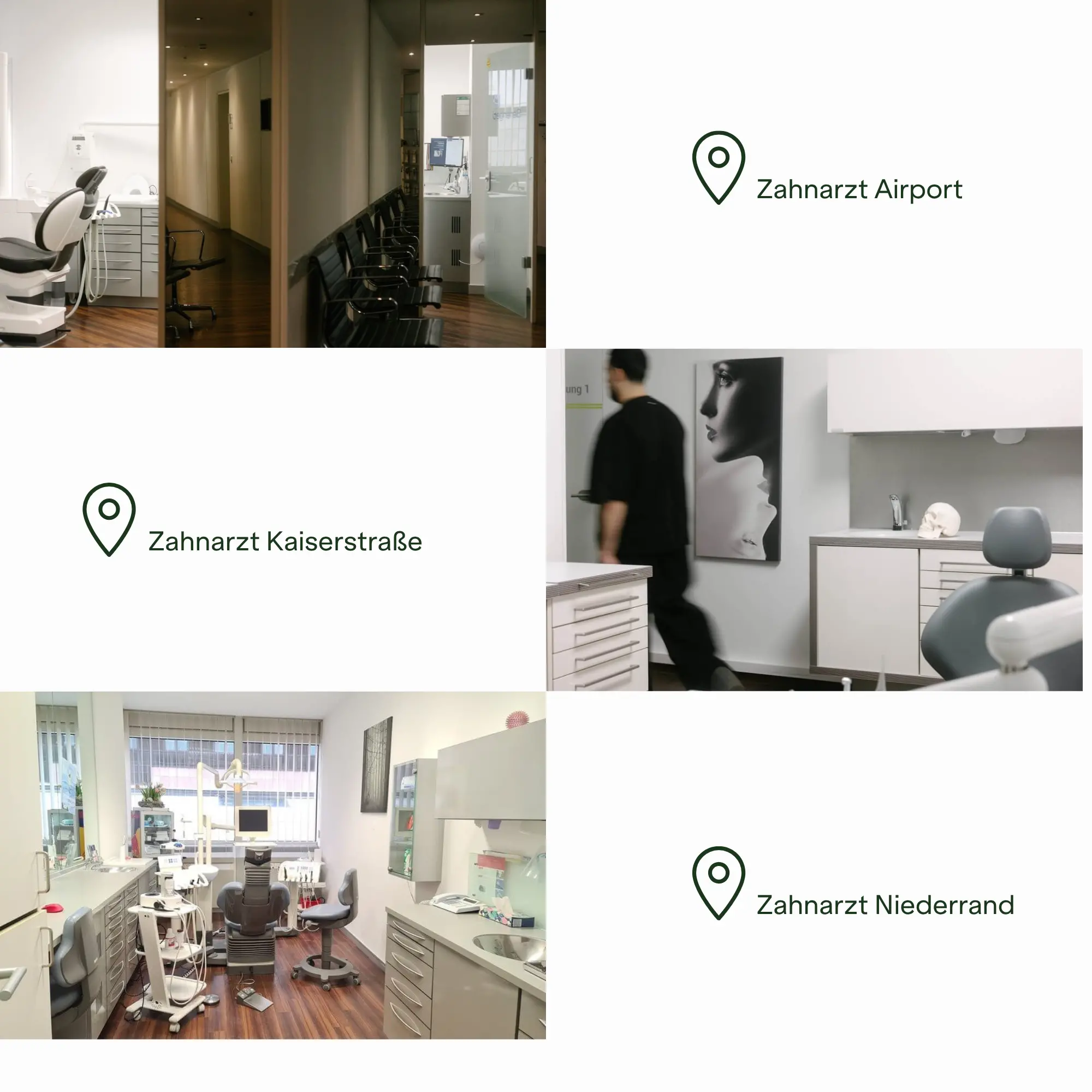 Collage mit Einblicken in drei Standorte der Zahnarztpraxis: Zahnarzt Airport, Zahnarzt Kaiserstraße und Zahnarzt Niederrand.