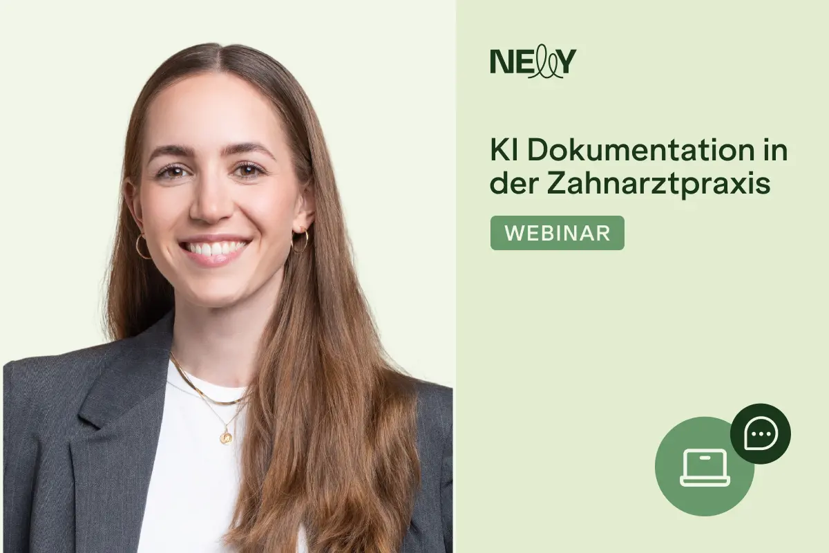 Nelly Webinar – KI Dokumentation in der Zahnarztpraxis: Porträtfoto einer lächelnden Frau vor hellgrünem Hintergrund.
