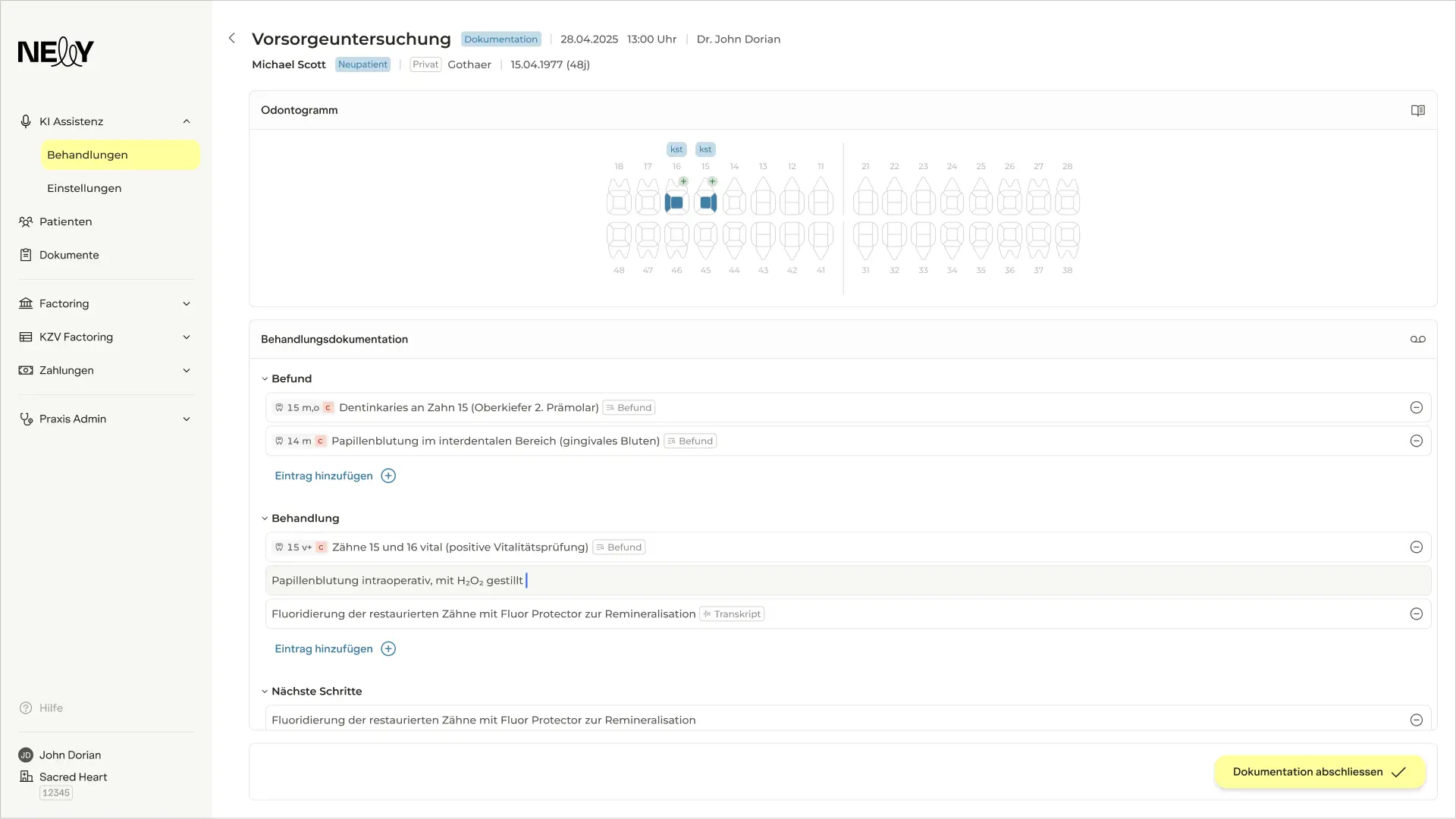 Screenshot der Nelly-Software mit einer geöffneten Behandlungsdokumentation für einen Patienten, inklusive Odontogramm, Befunden und Behandlungseinträgen.