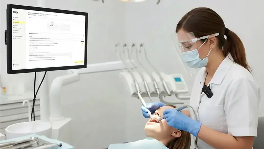 Zahnärztin behandelt eine Patientin im Behandlungsstuhl, im Hintergrund ein Monitor mit der Nelly-Software