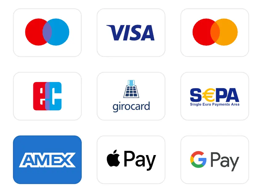 Übersicht unterstützter Zahlungsmethoden: Mastercard, Visa, EC, Girocard, SEPA, American Express, Apple Pay und Google Pay.