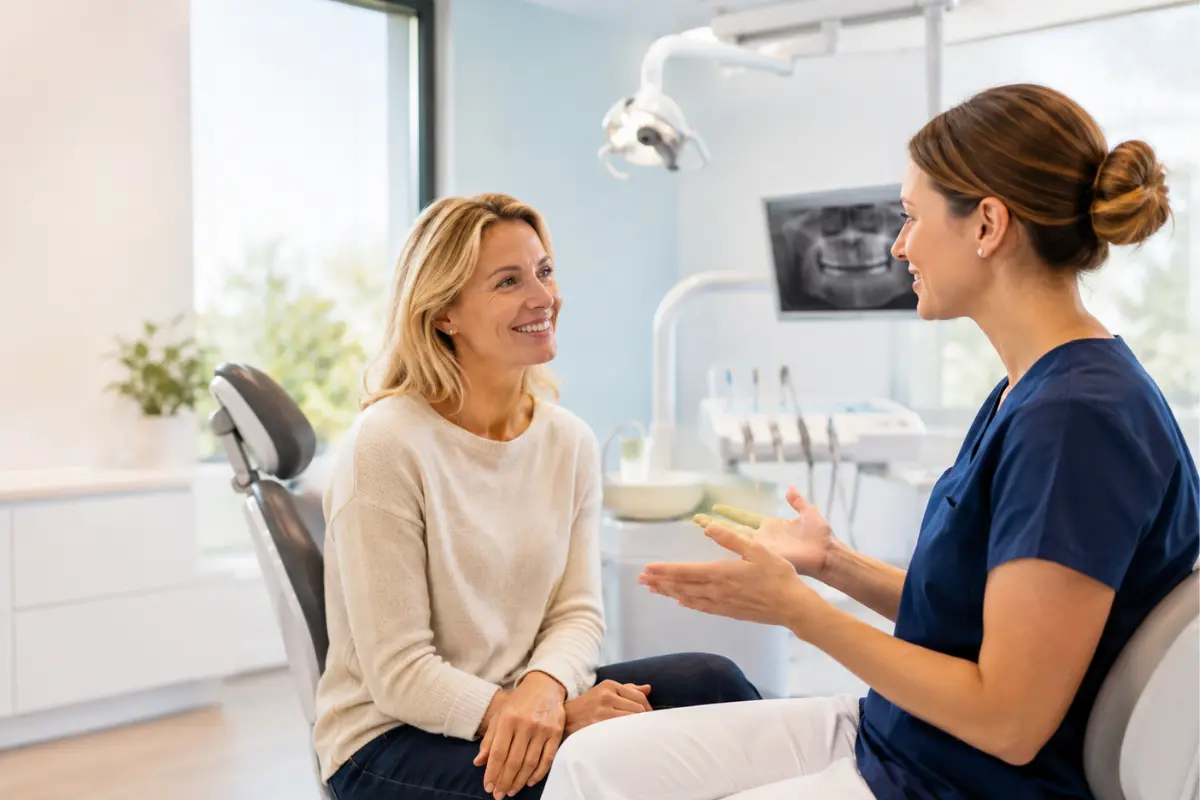 Zahnärztin redet mit ihrer Patientin