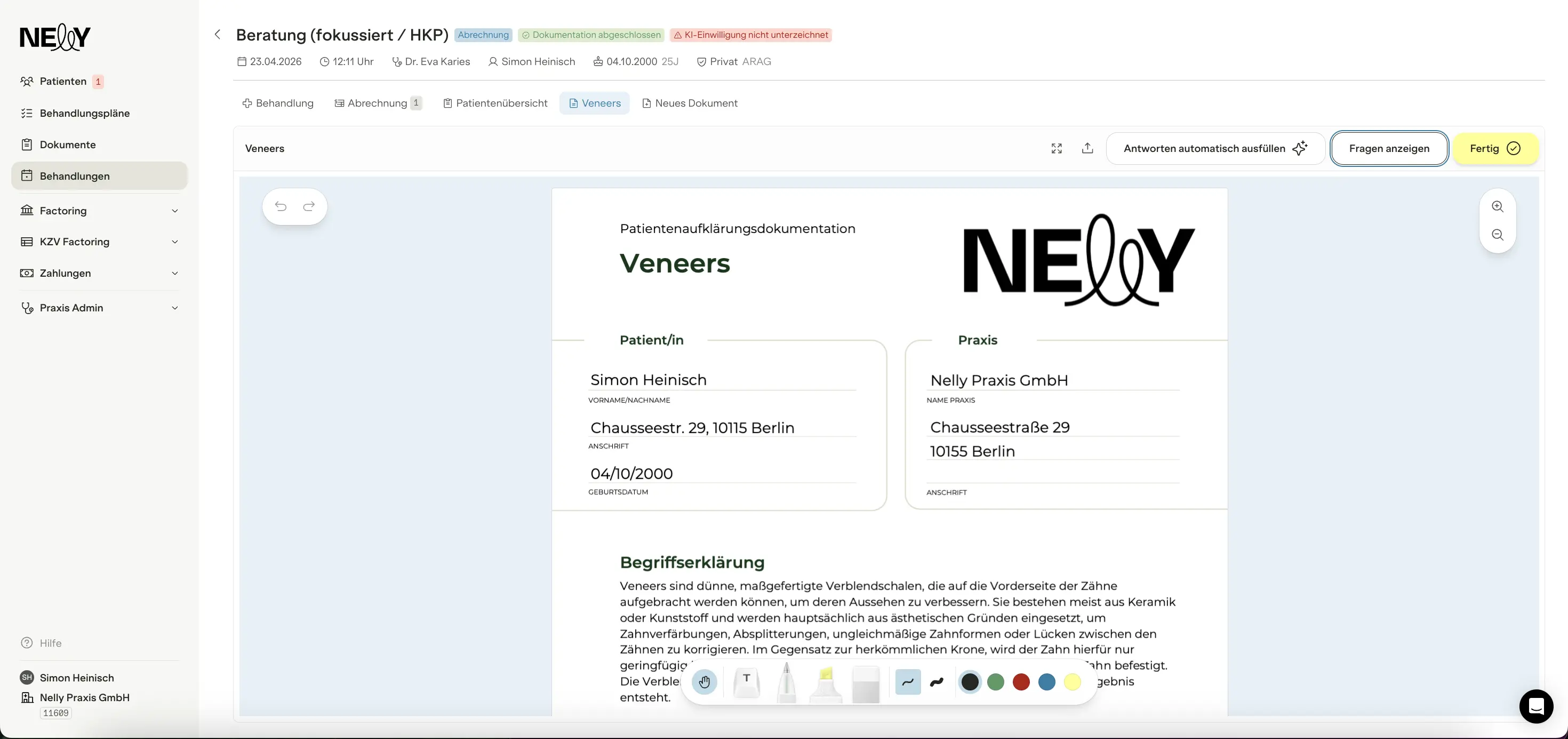 Überarbeiteter Aufklärungsbogen in Nelly mit Zeichen- und Bearbeitungswerkzeugen