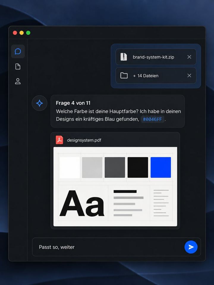 Chat mit dem Kit und den Dateien, Claude stellt Frage 4 von 11 und zeigt die Vorschau des Designsystems