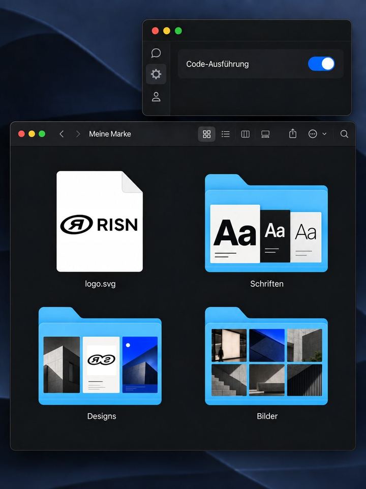 Ordner Meine Marke mit Logo, Schriften, Designs und Bildern, dazu Code-Ausführung eingeschaltet