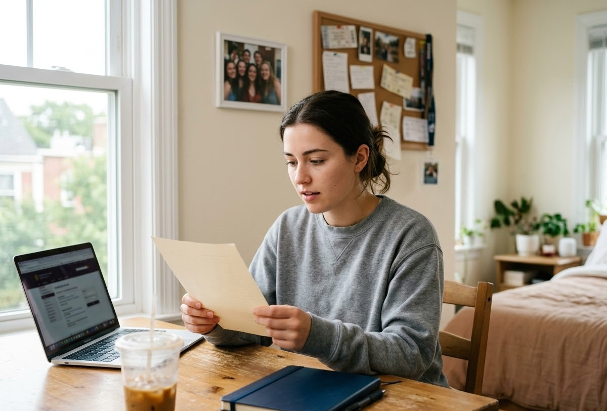 Student reviewing college acceptance