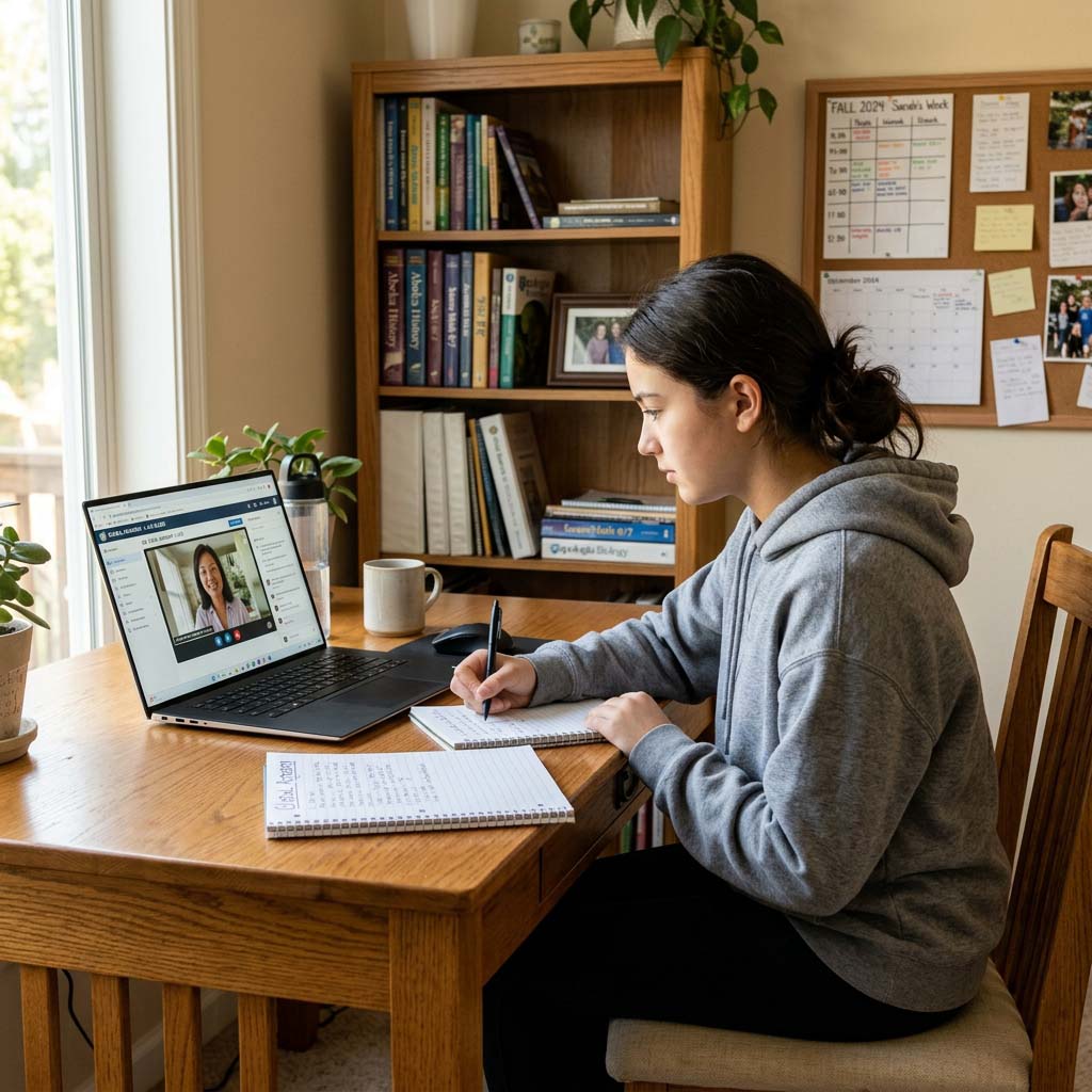 Student learning from home during an online class