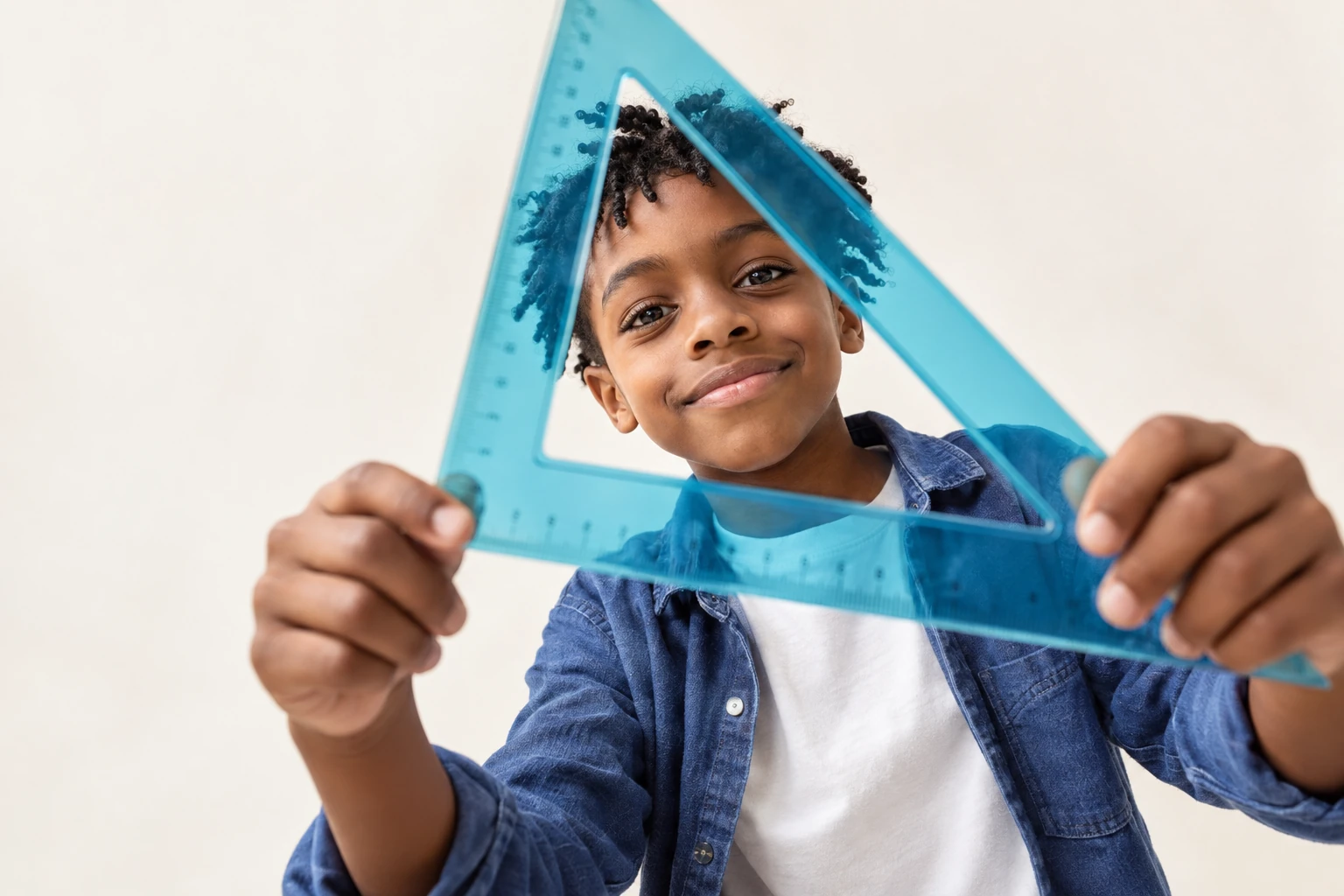 Young student looking through a blue triangular ruler
