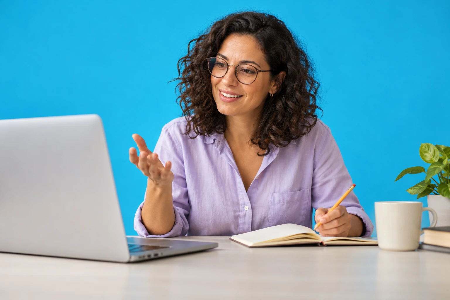 Teacher explaining a lesson beside a laptop