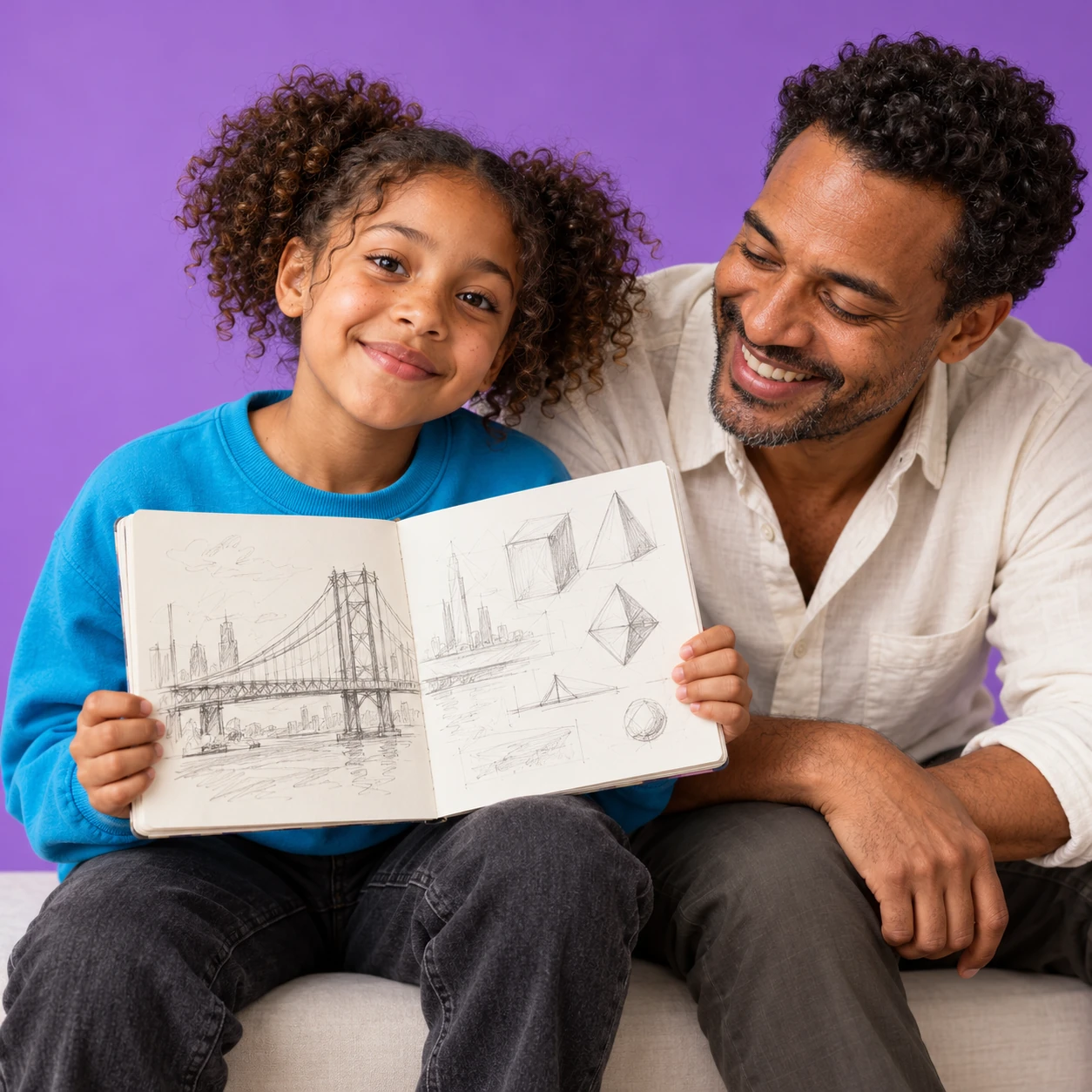 Child sharing a sketchbook with her father