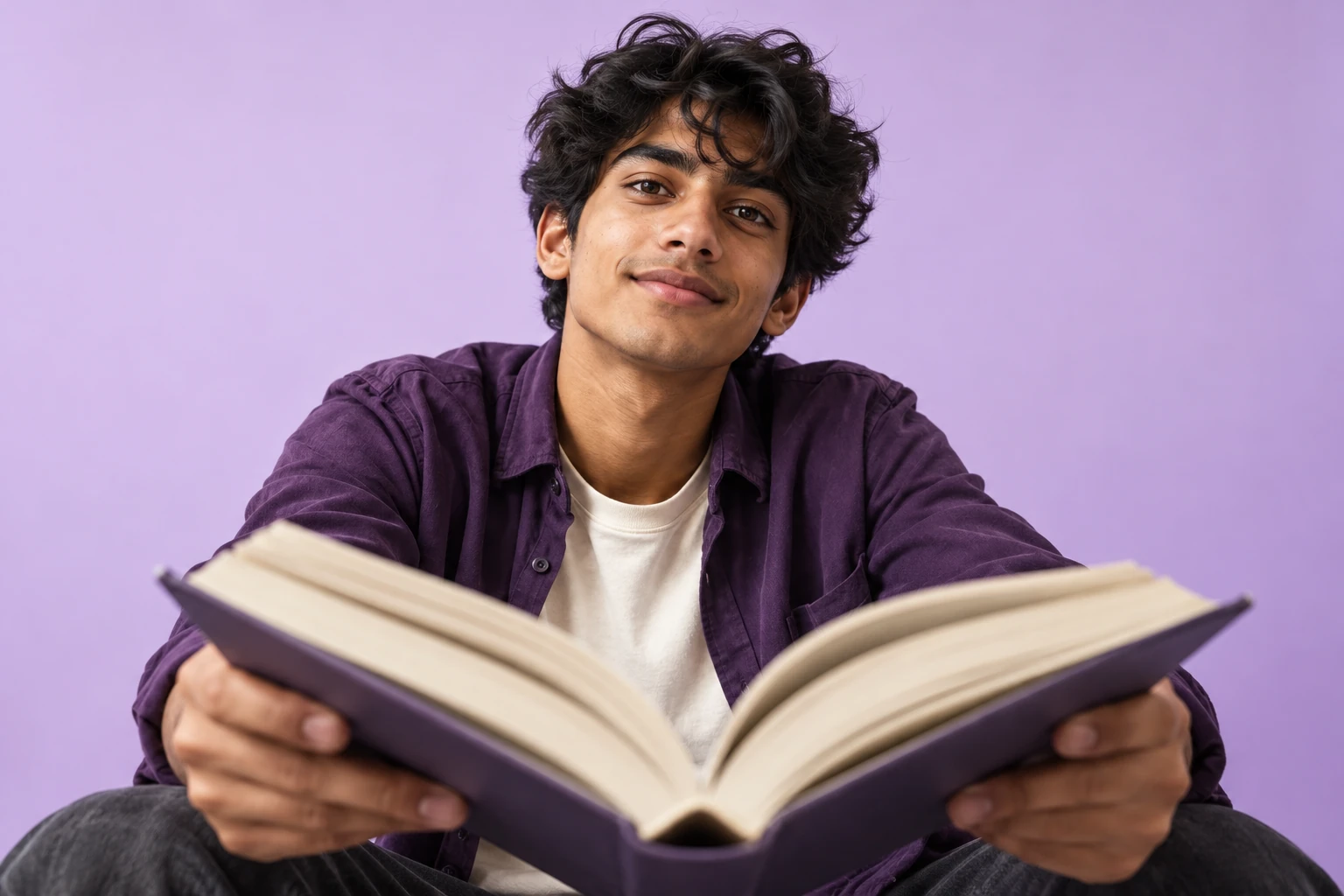 High school student holding an open book