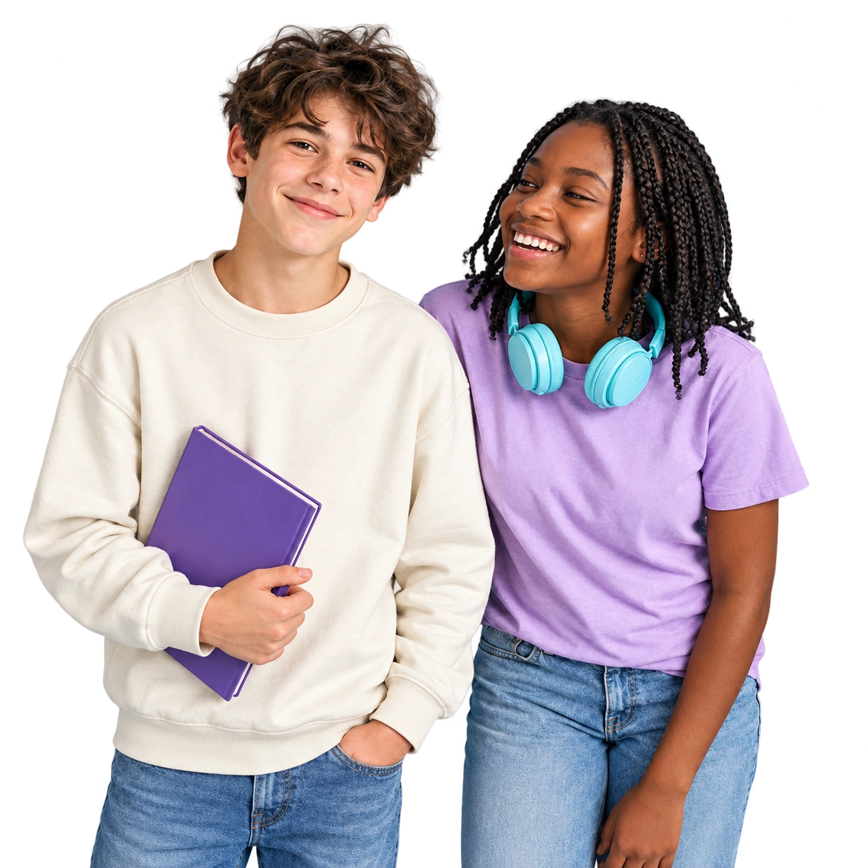 Two students sharing a relaxed moment with a notebook and headphones