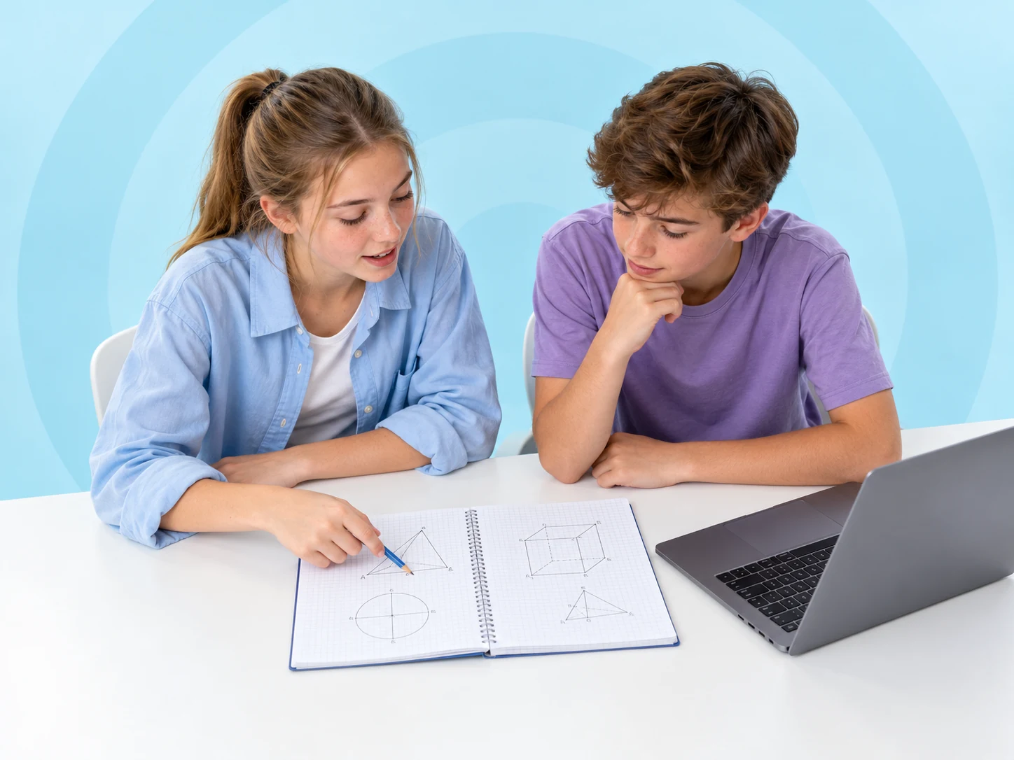Two seventh-grade students working on geometry together beside a laptop