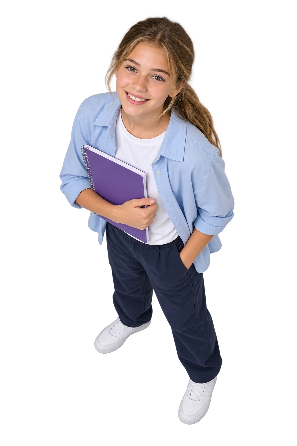 Seventh-grade girl in a sky-blue overshirt holding a purple notebook