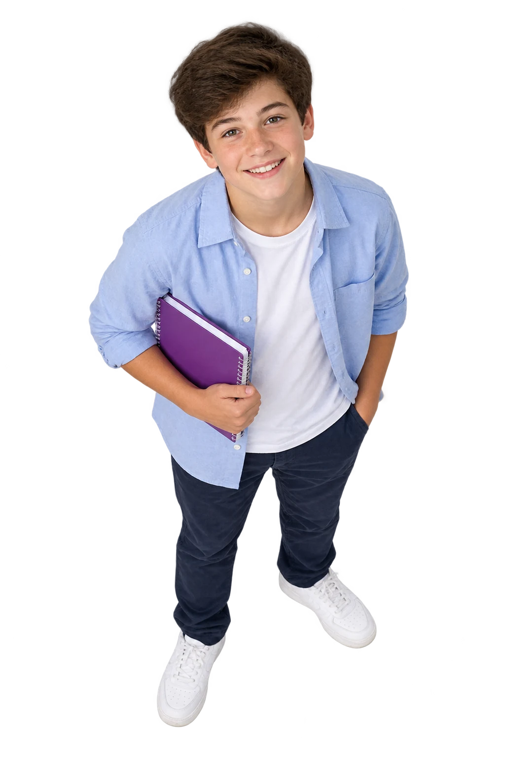 Eighth-grade boy in a pale blue overshirt holding a purple notebook