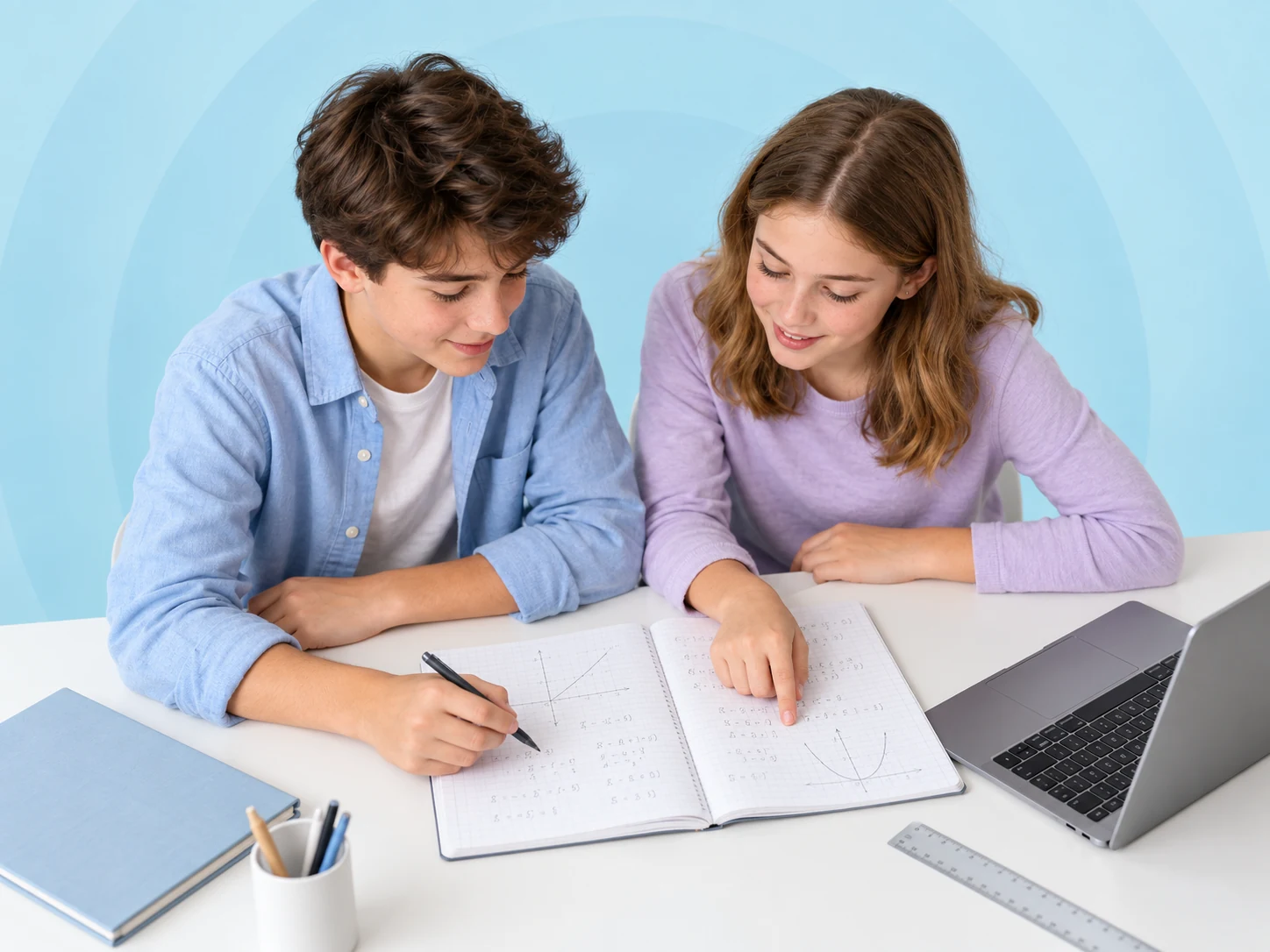 Two eighth-grade students working on algebra together beside a laptop