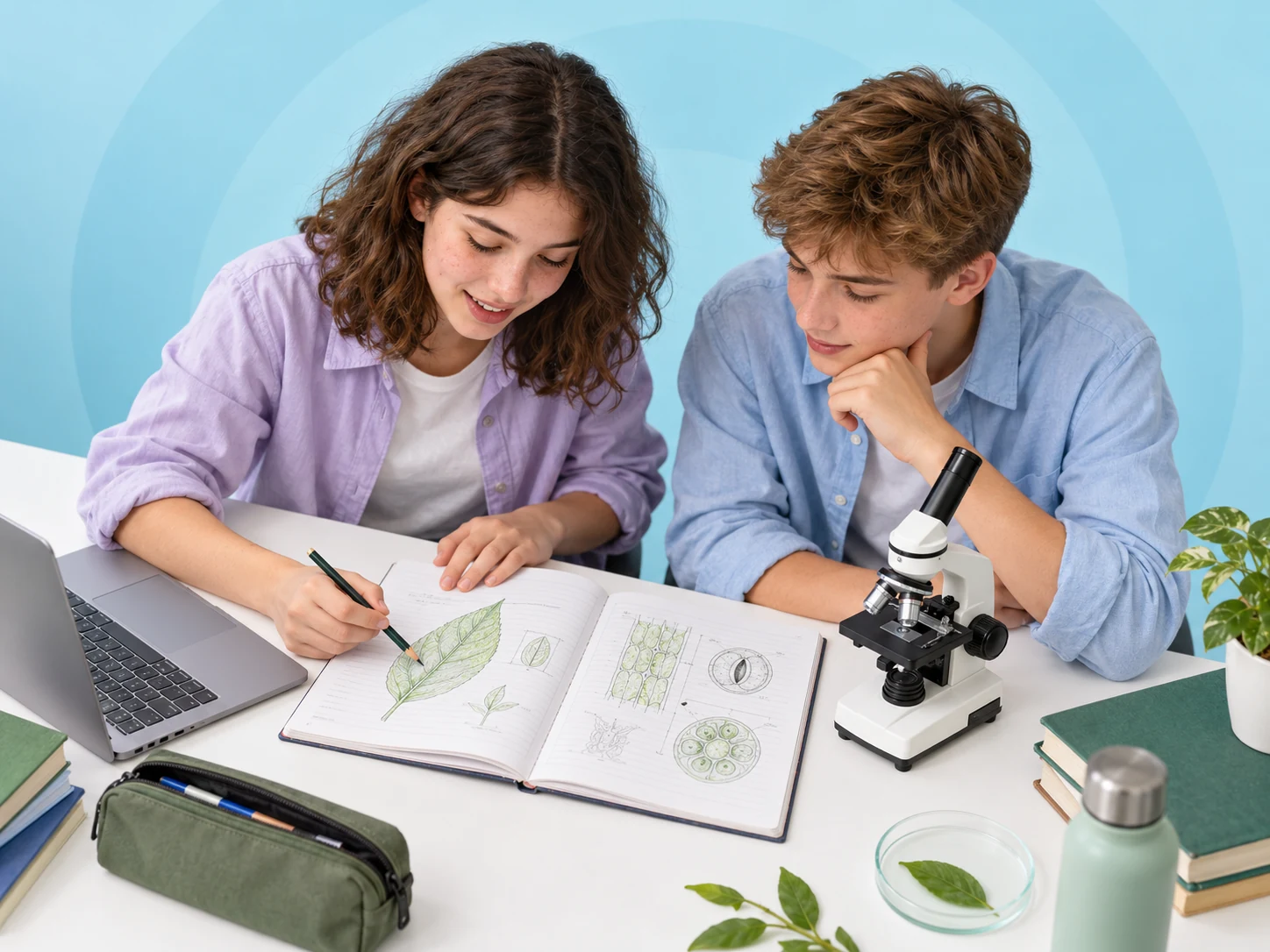Two ninth-grade students exploring biology together with a notebook and microscope