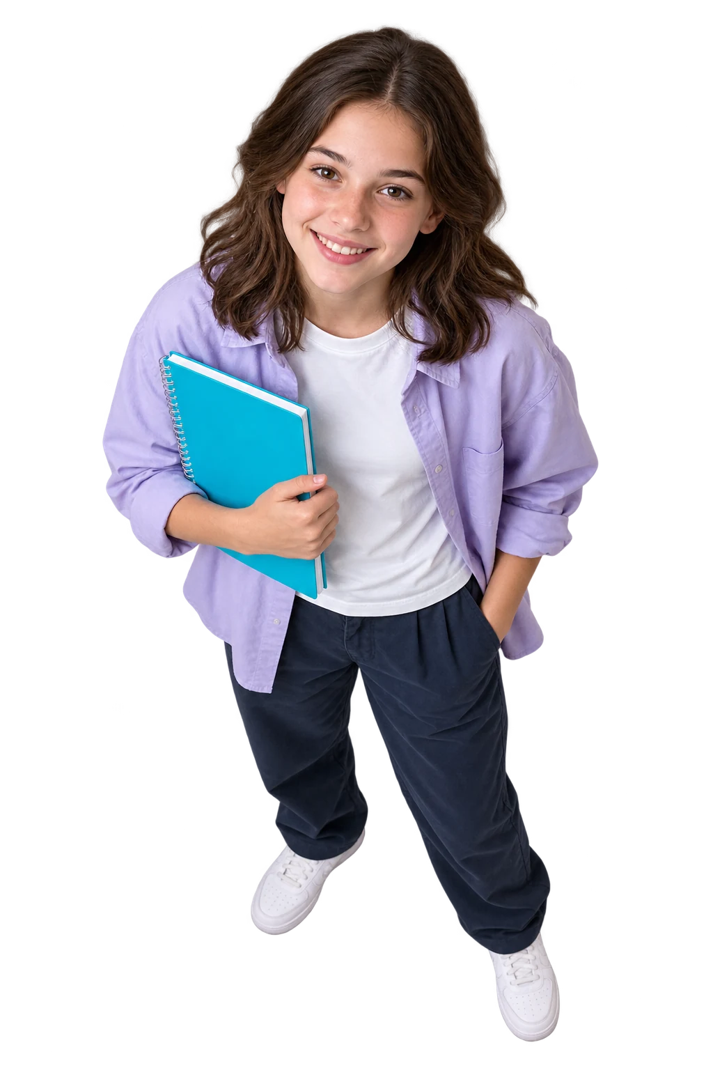 Ninth-grade girl in a lavender overshirt holding a cyan notebook