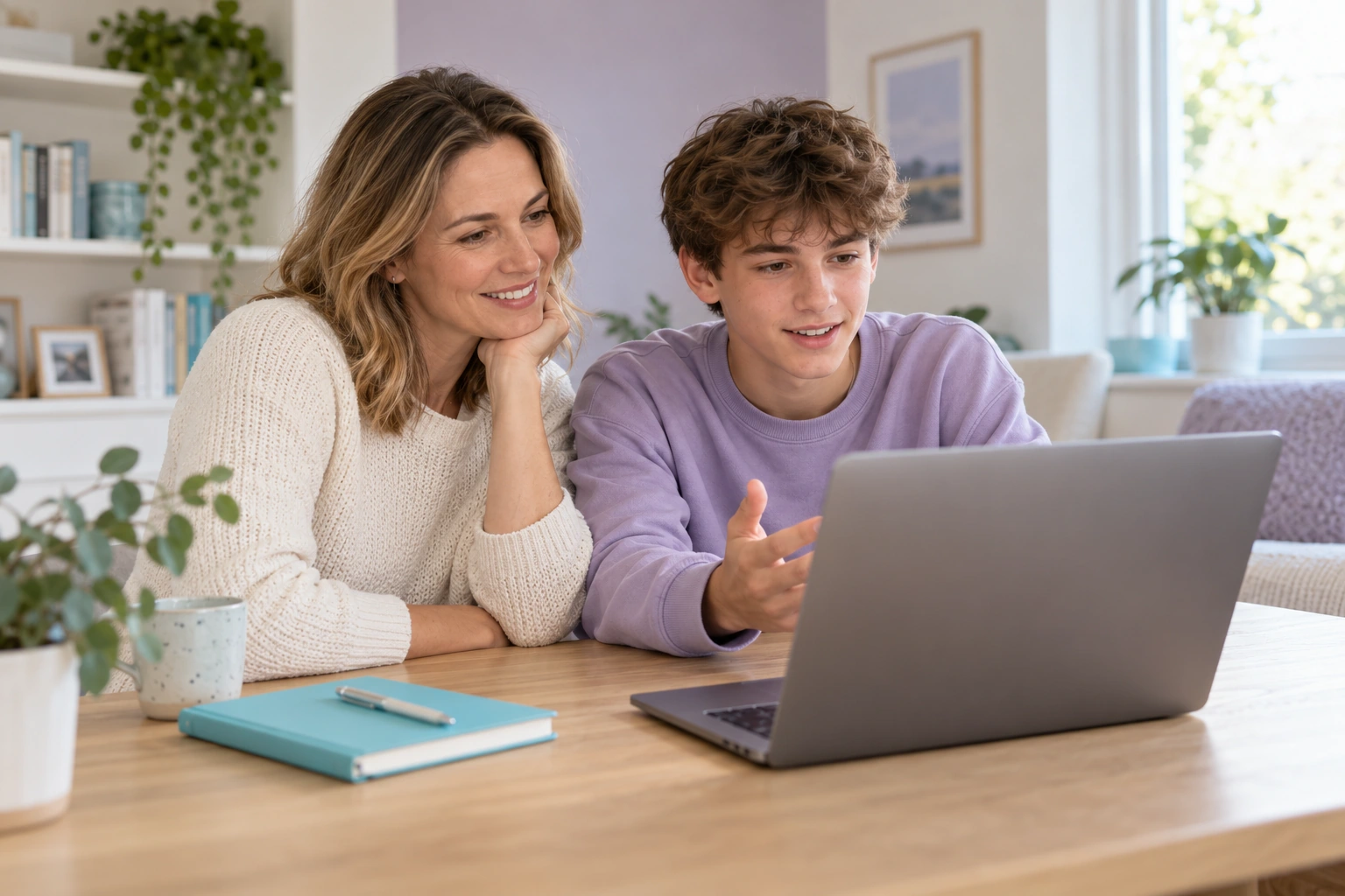 Mother and teenage son taking part in a video consultation
