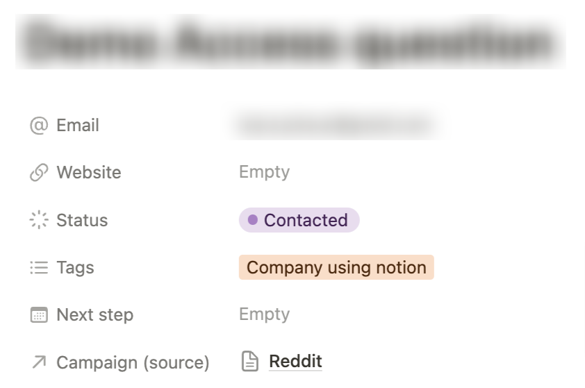 Screenshot of a lead in notion