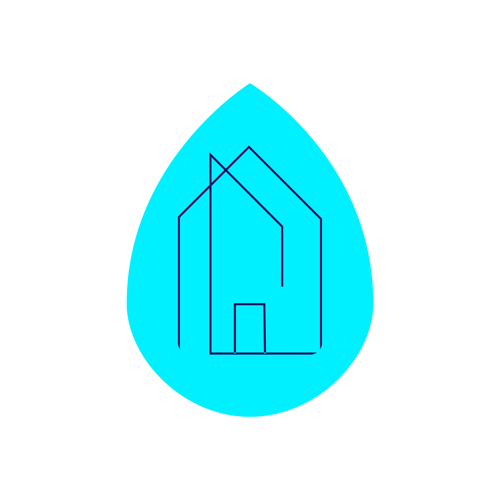 Blue water droplet shape with an outline of a house inside.