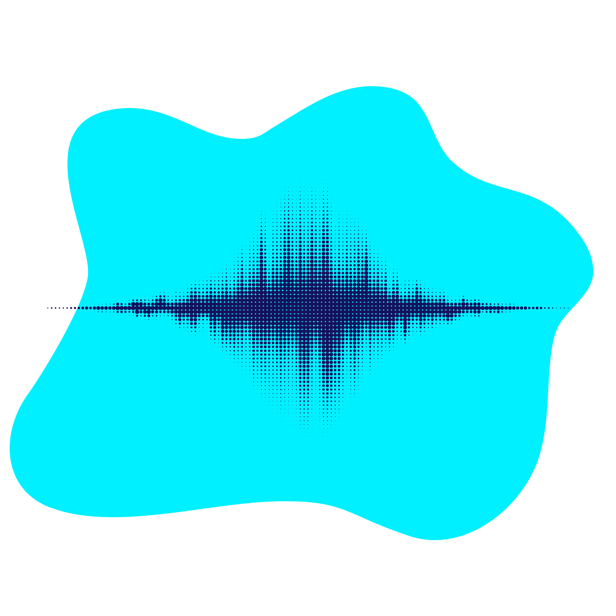 Blue soundwave graphic with a dotted pattern on a bright cyan abstract background.
