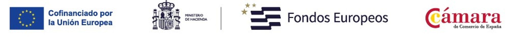 Logotipos de cofinanciación: Cofinanciado por la Unión Europea, Ministerio de Hacienda, Fondos Europeos y Cámara de Comercio de España