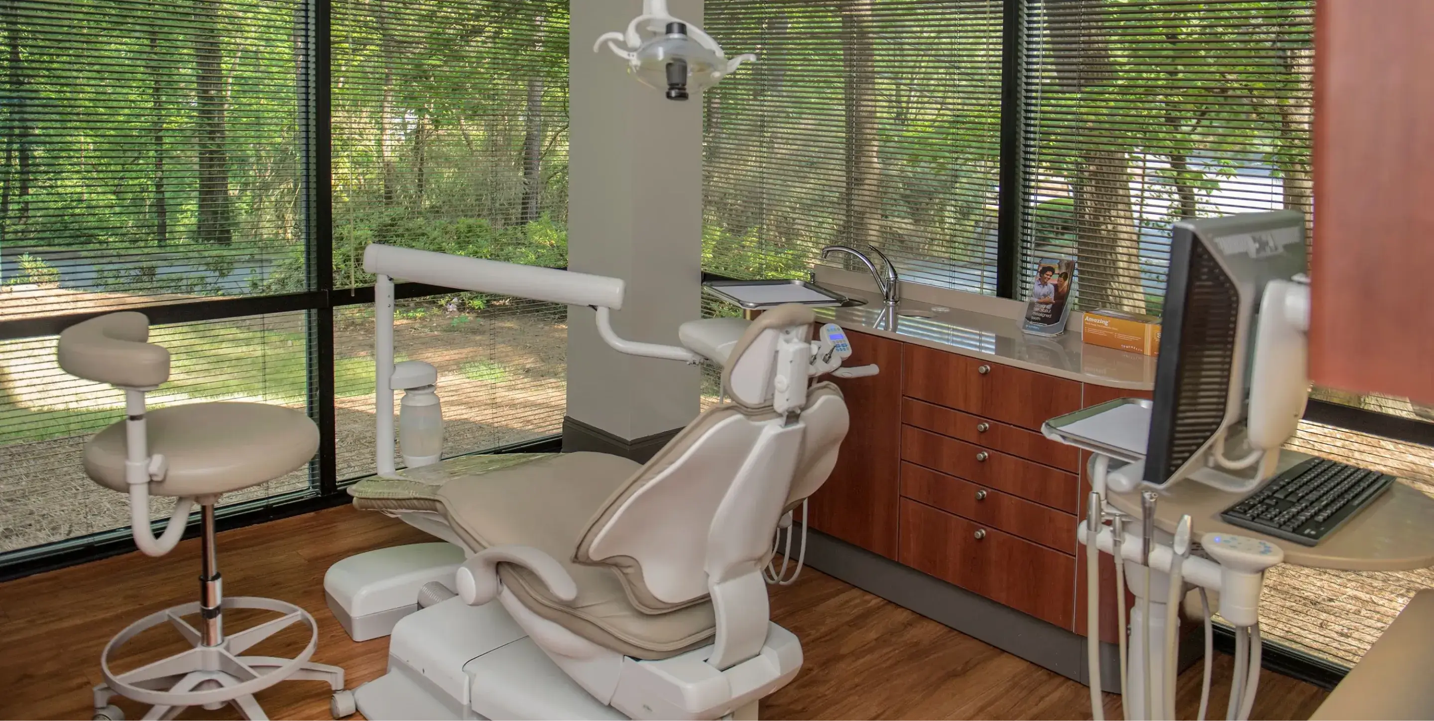 Modern dental office room with dental chair, rolling stool, computer, and large windows showing green outdoor scenery.