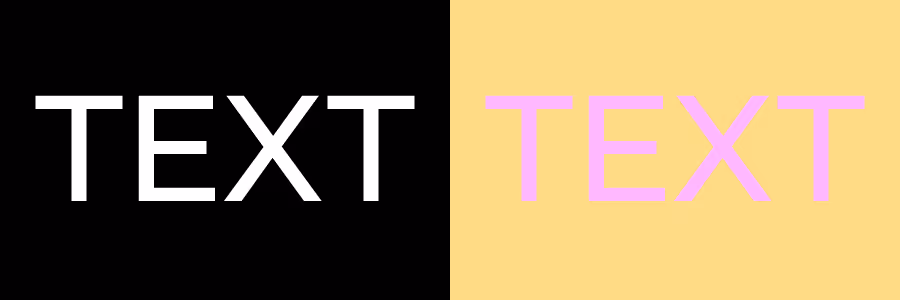 Comparison showing white text on black background (high contrast) beside pink text on yellow background (low contrast).