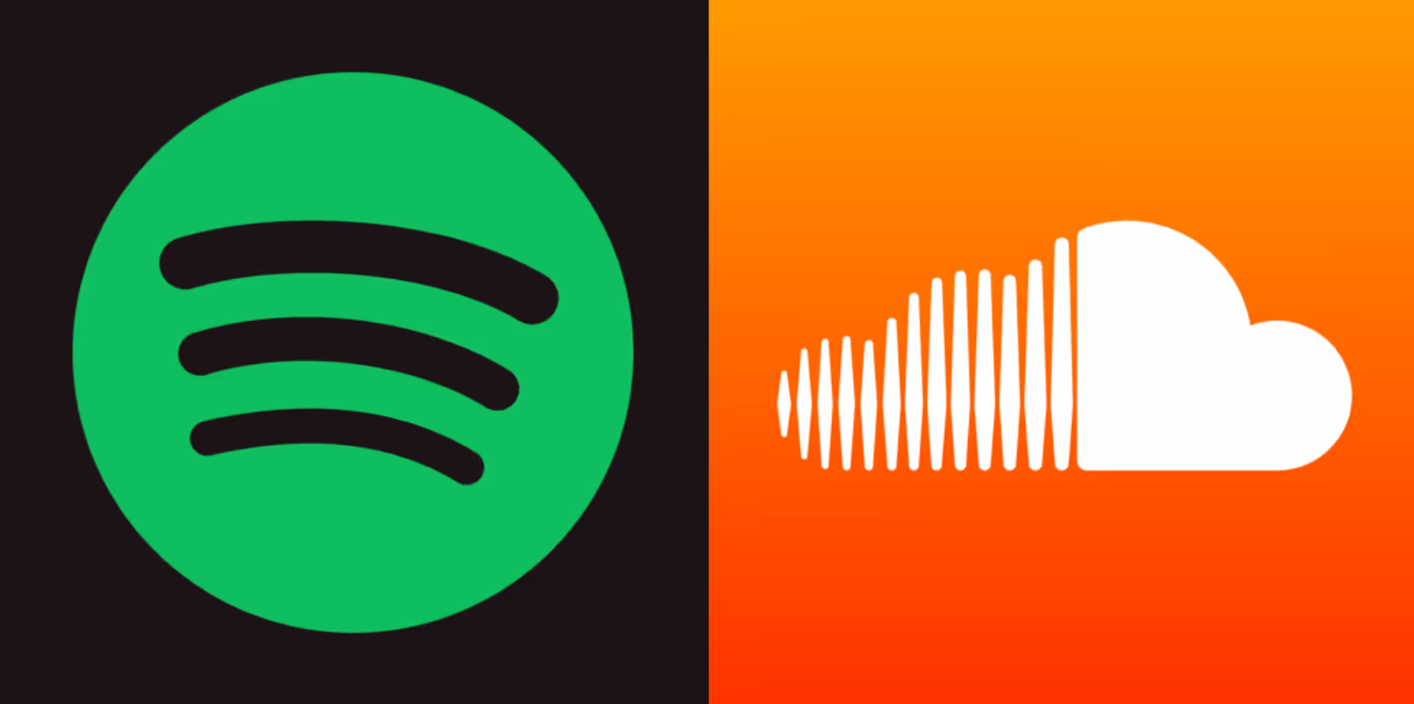 Spotify and SoundCloud logos: green circle with curves versus white cloud with soundwave.