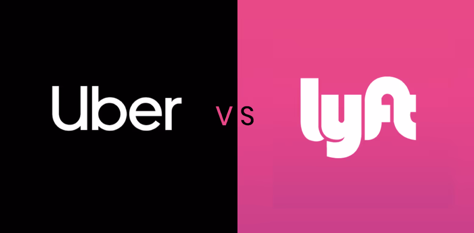 Uber and Lyft logos side by side. Uber logo in white on black background, Lyft logo in white on pink background, separated by 'vs' in pink.