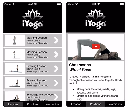 iYoga app interface showing a list of yoga lessons and a detailed pose instruction screen