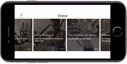 A smartphone displaying a video gallery with workout thumbnails and titles