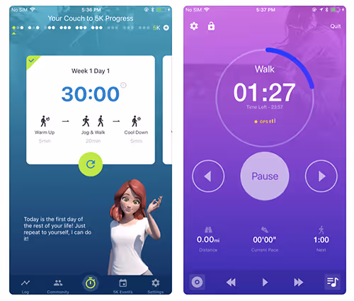 Two fitness app screens showing a 30-minute workout plan and a purple walking timer interface