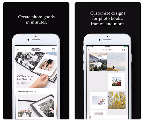Photo book creation app screens showing customization options for prints and albums