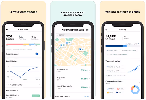Financial app screens displaying credit score tracking, cashback map, and spending insights